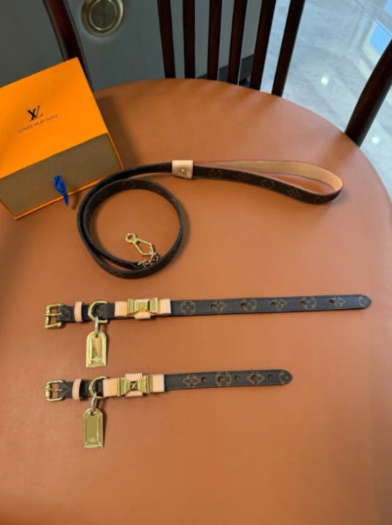 Custom Lv hondenhalsband en riem medium